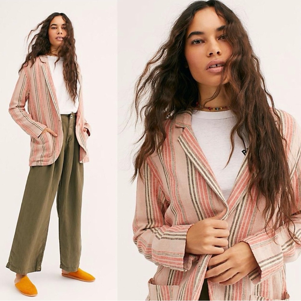 Free People Simply Stripe Linen  Blazer with vertical stripe pattern